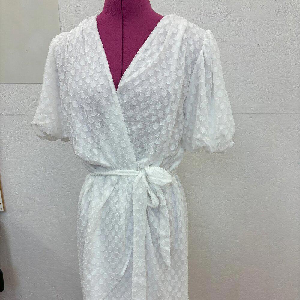 Fraiche by J White Swiss Dot Wrap Dress Tie Waist Puff Sleeve Size Large NWT